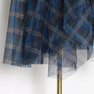 Plaid Patchwork Mesh High Waist A-Line Skirt - LEPITON