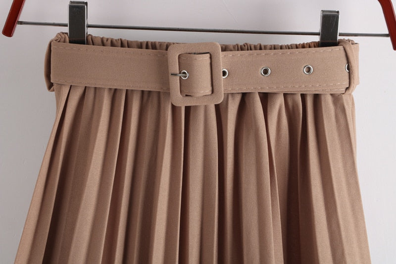 High-Waist Pleated Skirt with Belt - LEPITON