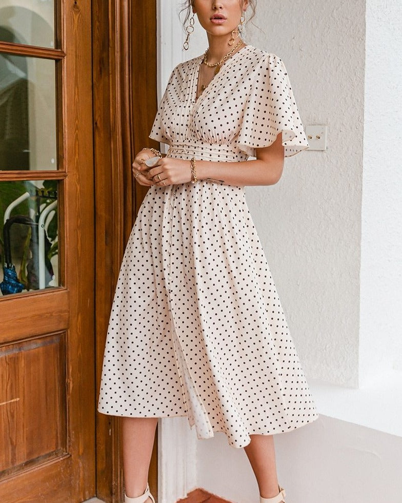 Chic Polka Dot Bell Sleeve High-Waist A-Line Maxi Dress - LEPITON