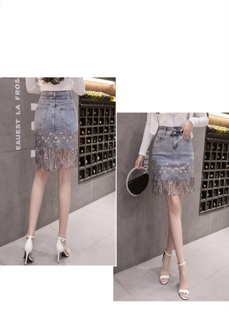 High-Waist Denim Beading Tassel Skirt - LEPITON