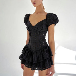 Puff Sleeve V-Neck Hollow-Out Corset Ruffles Mini Dress - LEPITON