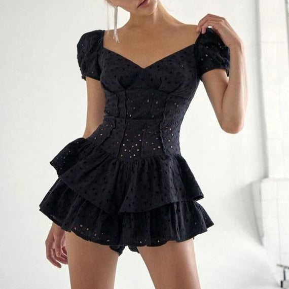 Puff Sleeve V-Neck Hollow-Out Corset Ruffles Mini Dress - LEPITON