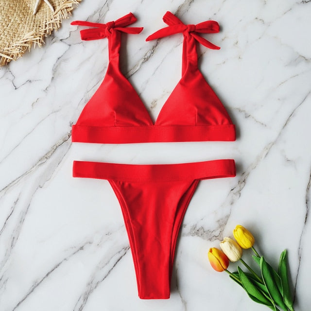 High-Waist Push-Up Solid Halter Bikini - LEPITON