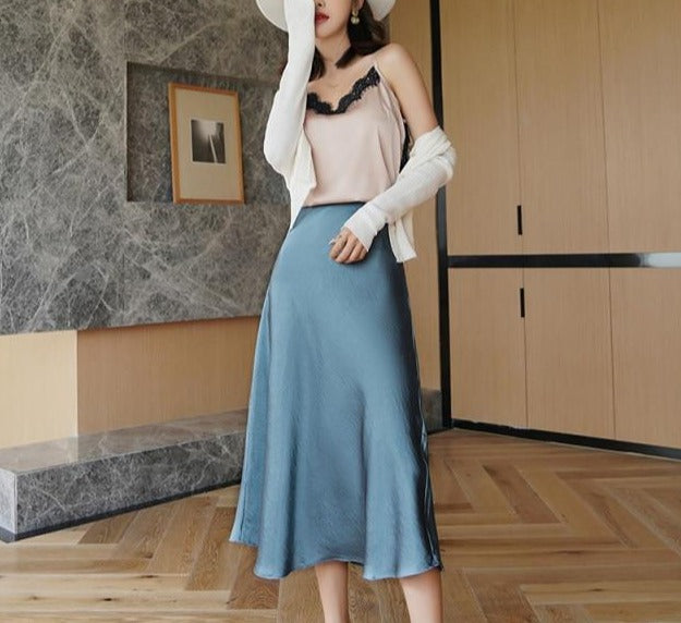 Elegant Silk Midi Skirt - LEPITON