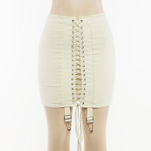 Aesthetic Patchwork High-Waist Bodycon Eyelet Lace-Up Mini Skirt - LEPITON