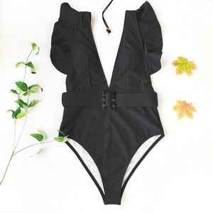 Deep V-Neck Ruffle Swimsuit with Belt - LEPITON