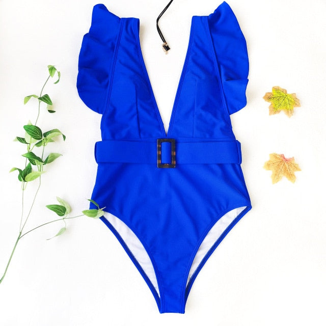 Blue Deep V-Neck Ruffle Swimsuit with Belt - LEPITON