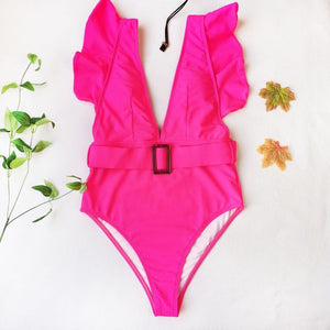 Pink Deep V-Neck Ruffle Swimsuit with Belt - LEPITON