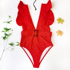 Deep V-Neck Ruffle Swimsuit with Belt - LEPITON