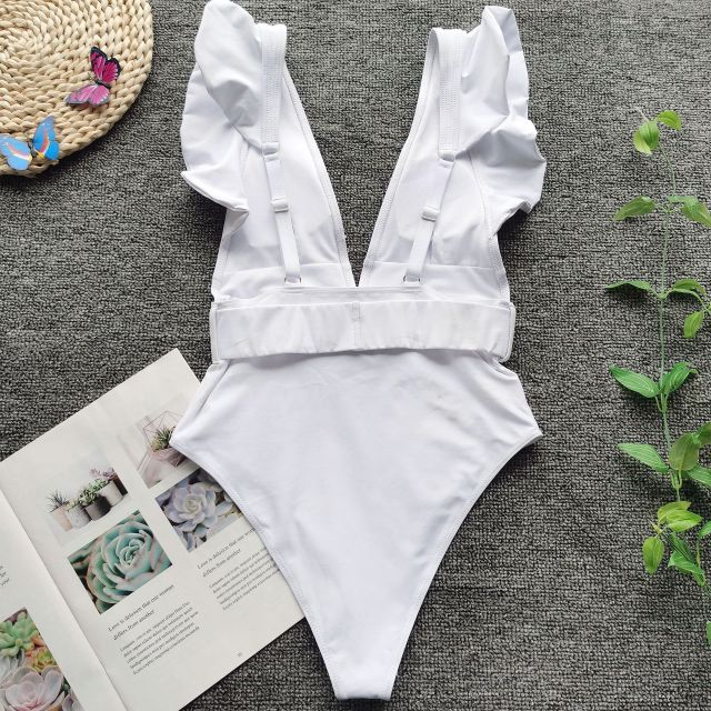 Deep V-Neck Ruffle Swimsuit with Belt - LEPITON