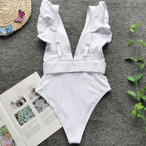 Stylish White Deep V-Neck Ruffle Swimsuit with Belt - LEPITON
