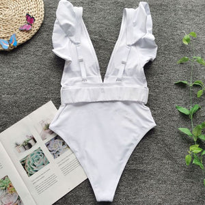 Deep V-Neck Ruffle Swimsuit with Belt - LEPITON