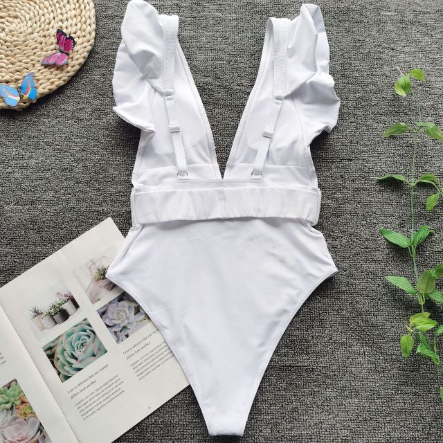 White Deep V-Neck Ruffle Swimsuit with Belt - LEPITON