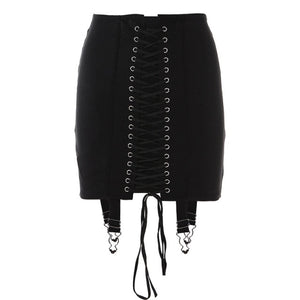 Aesthetic Patchwork High-Waist Bodycon Eyelet Lace-Up Mini Skirt - LEPITON