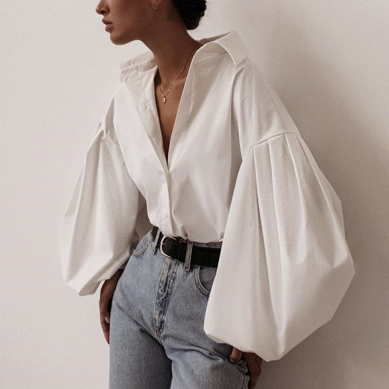 Elegant Lantern Sleeve Turn Down Collar Shirt Blouse - LEPITON