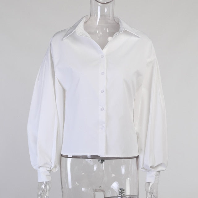 Elegant Lantern Sleeve Turn Down Collar Shirt Blouse - LEPITON