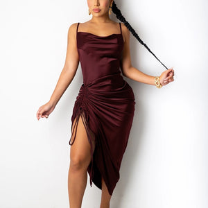 Satin Spaghetti Straps Backless Ruched Drawstring Dress - LEPITON