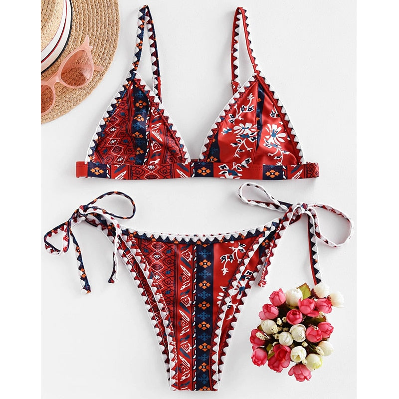 Red Triangle Patchwork Bikini - LEPITON