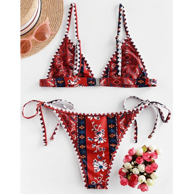 Red Triangle Patchwork Bikini - LEPITON