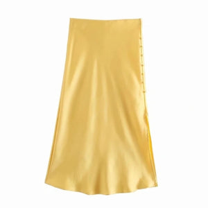 Solid Satin Elastic Waist Side Slit Midi Skirt - LEPITON