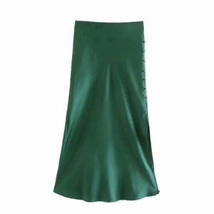 Solid Satin Elastic Waist Side Slit Midi Skirt - LEPITON