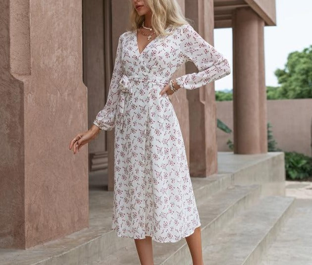 Elegant Long-Sleeved V-Neck A-Line Dress - LEPITON