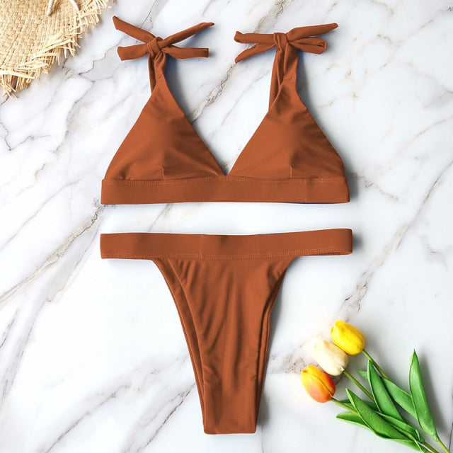 High-Waist Push-Up Solid Halter Bikini - LEPITON