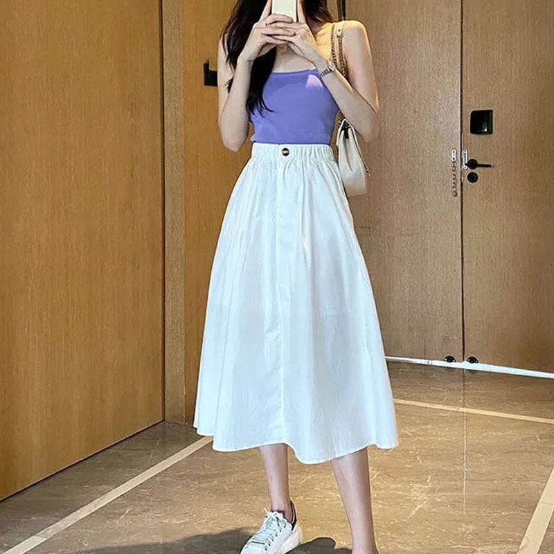 Elegant Solid Casual Pocket Elastic High-Waist A-Line Midi Skirt - LEPITON