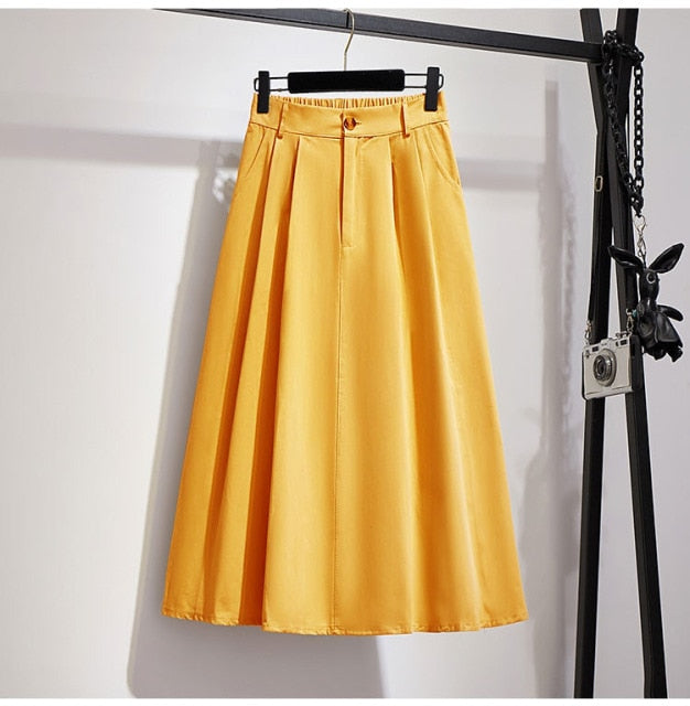 Elegant Solid Casual Pocket Elastic High-Waist A-Line Midi Skirt - LEPITON