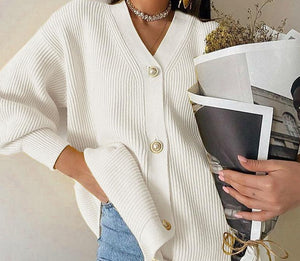 Casual V-Neck Knitted Lantern Sleeve Button Oversized Cardigan Sweater - LEPITON
