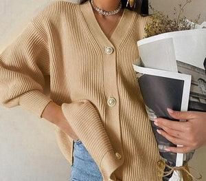 Casual V-Neck Knitted Lantern Sleeve Button Oversized Cardigan Sweater - LEPITON