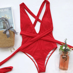 Plunging High-Cut Cross-Bandage Swimsuit - LEPITON