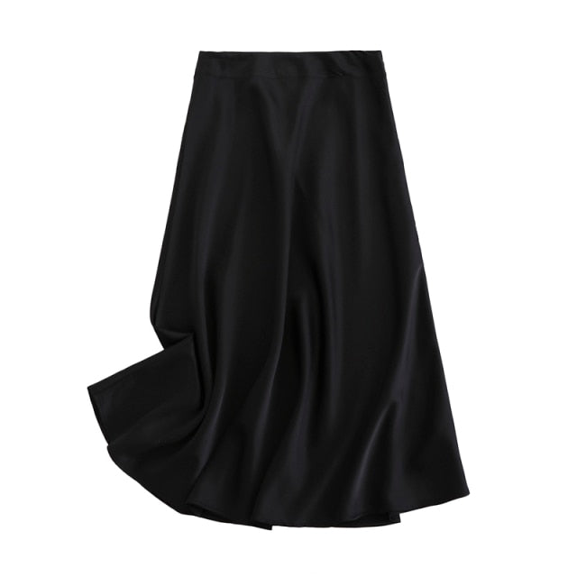 Quality Solid Satin A-Line Midi Skirt - LEPITON
