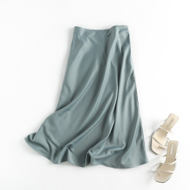 Quality Solid Satin A-Line Midi Skirt - LEPITON