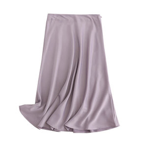 Quality Solid Satin A-Line Midi Skirt - LEPITON