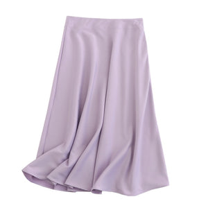 Quality Solid Satin A-Line Midi Skirt - LEPITON