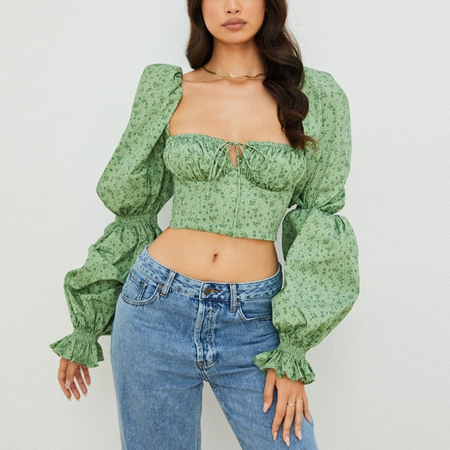 Floral Square Collar Puff Sleeve Top - LEPITON