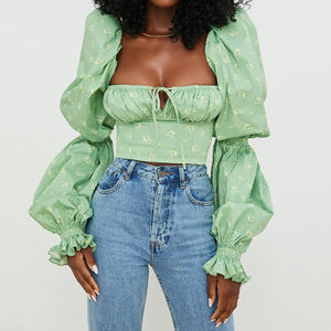 Floral Square Collar Puff Sleeve Top - LEPITON