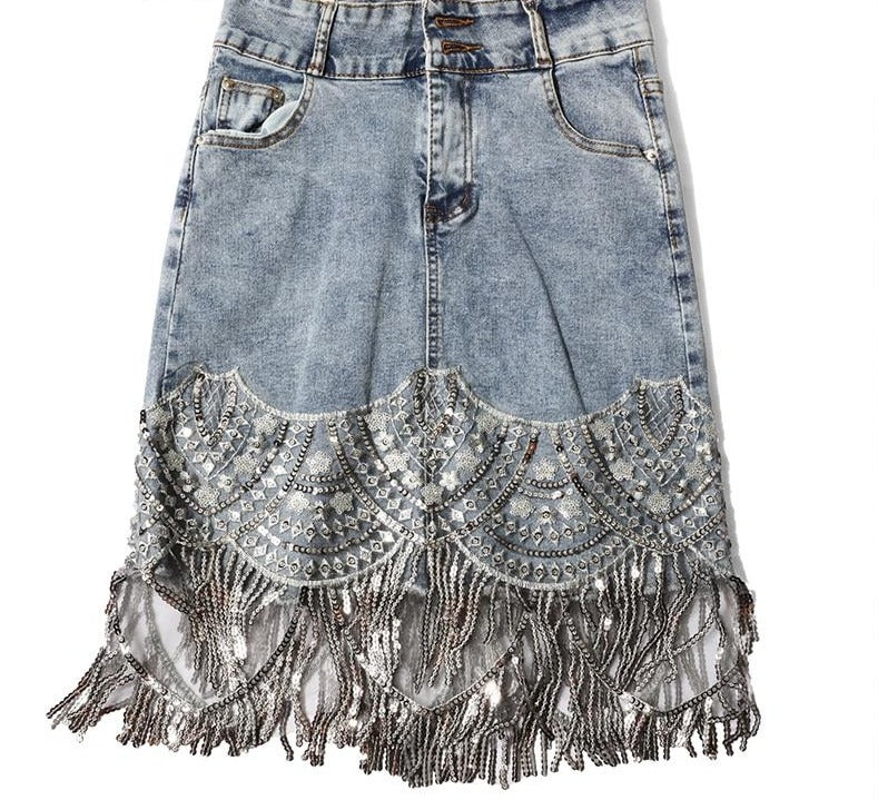 High-Waist Denim Beading Tassel Skirt - LEPITON