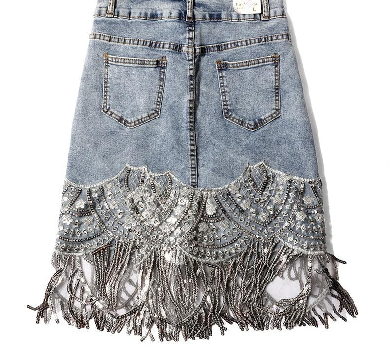 High-Waist Denim Beading Tassel Skirt - LEPITON