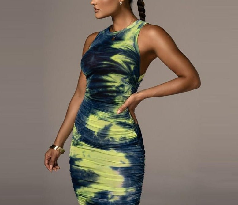 Tie-Dye Sleeveless Bodycon Pleated Dress - LEPITON