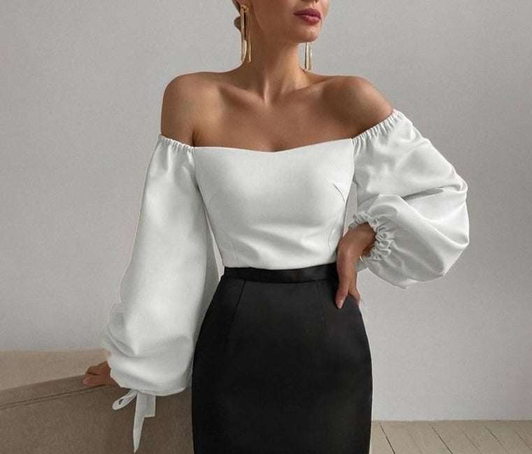 Elegant Slash-Neck Lantern Sleeve Bandage Solid Top - LEPITON