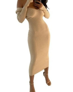 Knitted Knee Length V-Neck Long Sleeves Elastic Dress - LEPITON