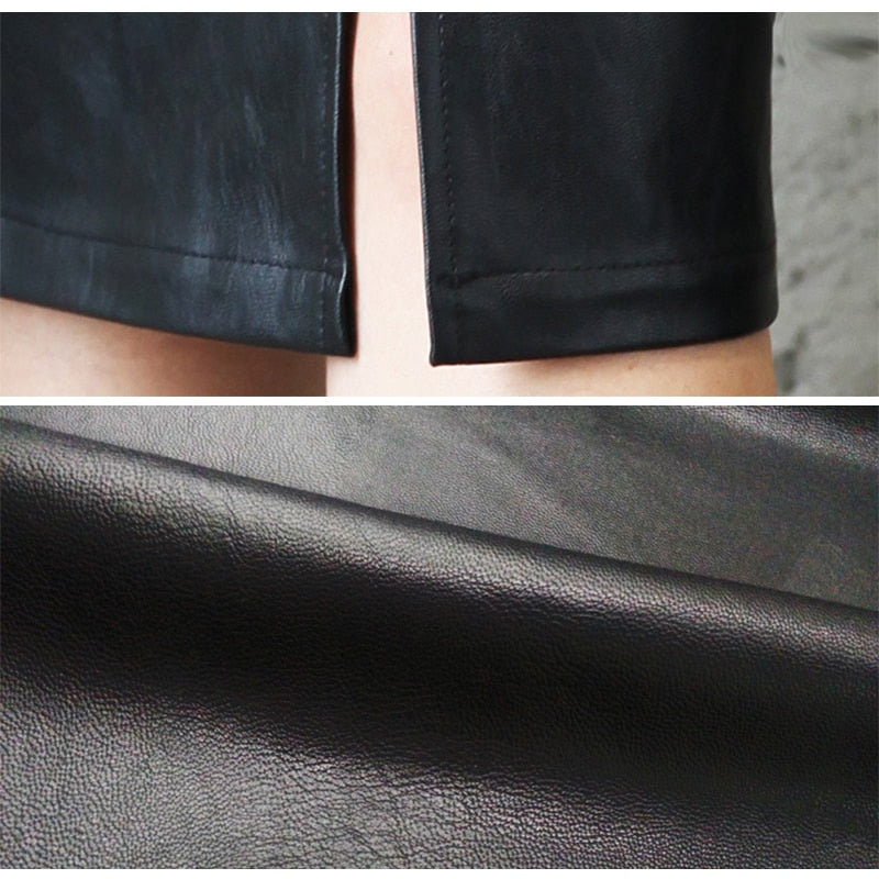 PU Leather High-Waist Bodycon Split Midi Skirt - LEPITON