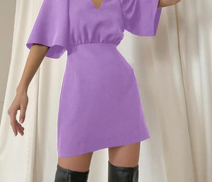 Elegant V-Neck Short Sleeve Solid A-Line Dress - LEPITON