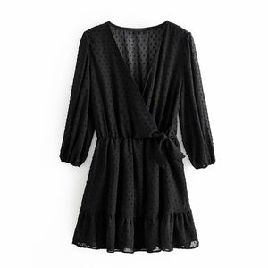 Three Quarter Puff Sleeve V-Neck Ruffles Lace Chiffon Dress - LEPITON