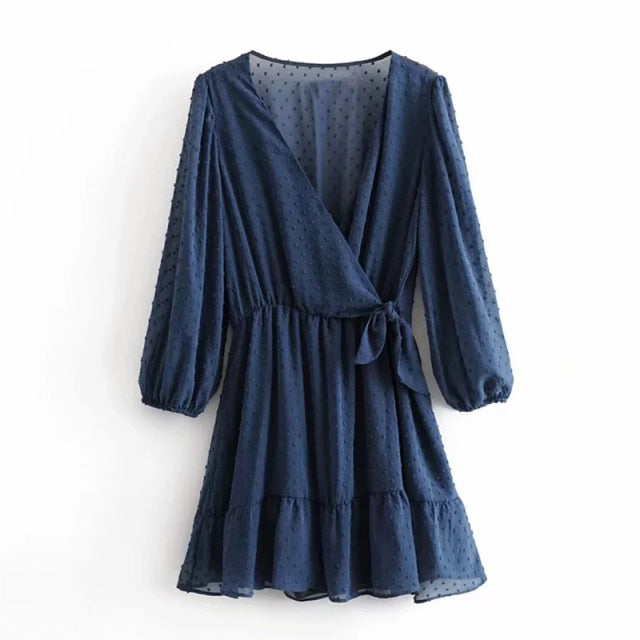 Three Quarter Puff Sleeve V-Neck Ruffles Lace Chiffon Dress - LEPITON