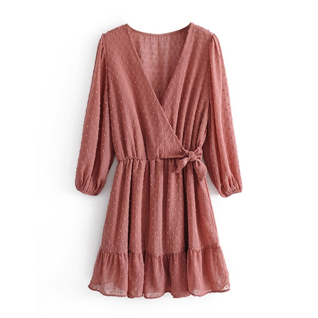 Three Quarter Puff Sleeve V-Neck Ruffles Lace Chiffon Dress - LEPITON