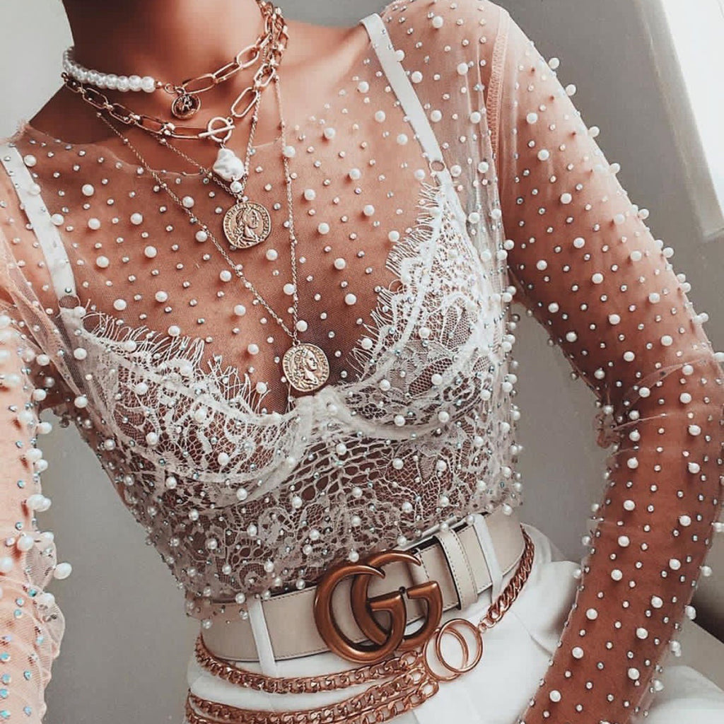 Transparent O-Neck Long Sleeve Lace Mesh Pearl Beading Blouse - LEPITON