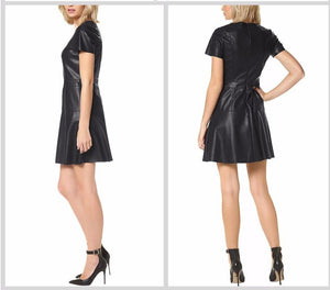 Fashion PU Leather Short Sleeve A-Line O-Neck Mini Dress - LEPITON